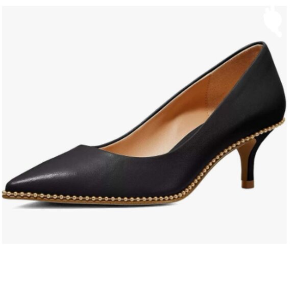 XYD Black Pumps Kitten Heels Slip On Comfort Pointed Toe Studs Around Shoes - Picture 1 of 8